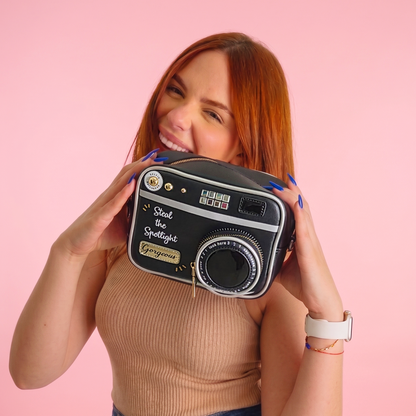 Classic Camera Crossbody Bag – Vintage Novelty Purse with Gold Accents