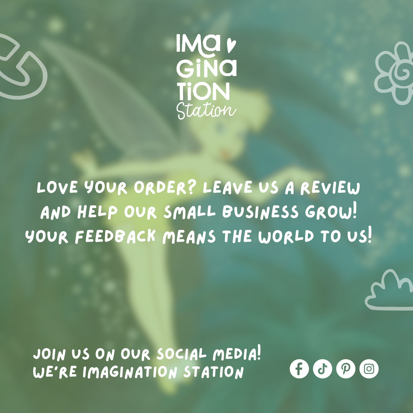 Call to action for feedback with text overlay on a green background with nature elements.