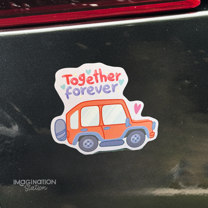car magnet with 'Together forever' text on a car 