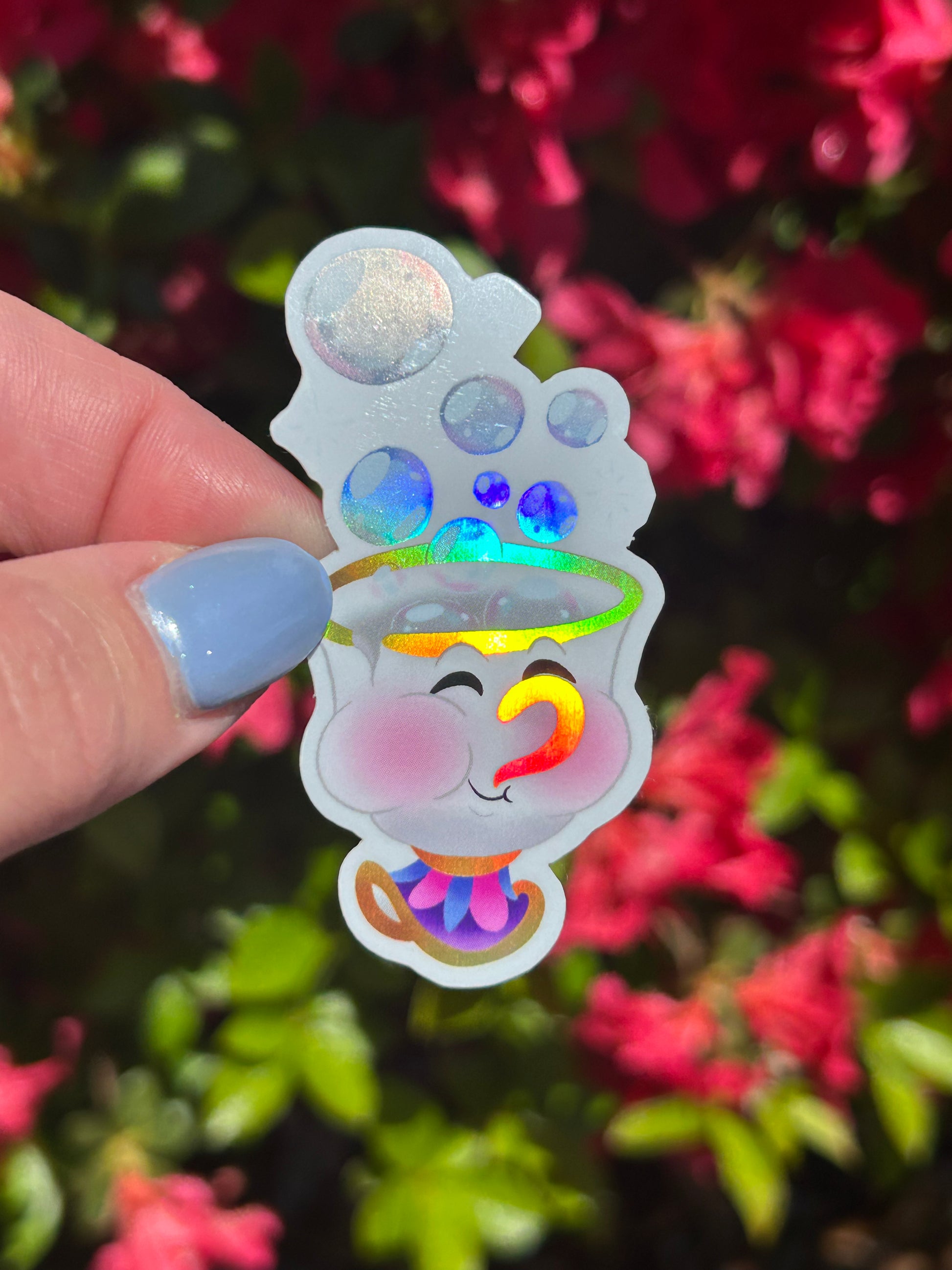 Chip Beauty and the Beast holographic sticker close up – clear glossy vinyl decal by Imagination Station