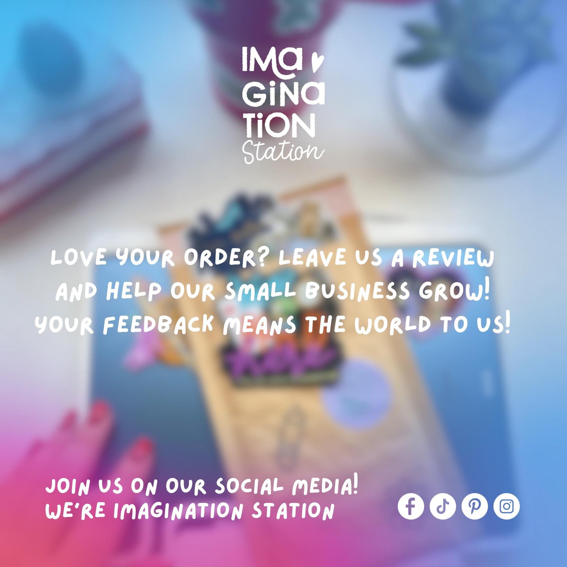 Promotional message from Imagination Station with a blurred background of a child playing with toys.