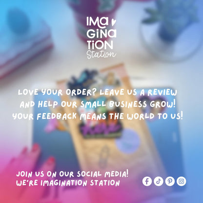Promotional message from Imagination Station with a blurred background of a child playing with toys.