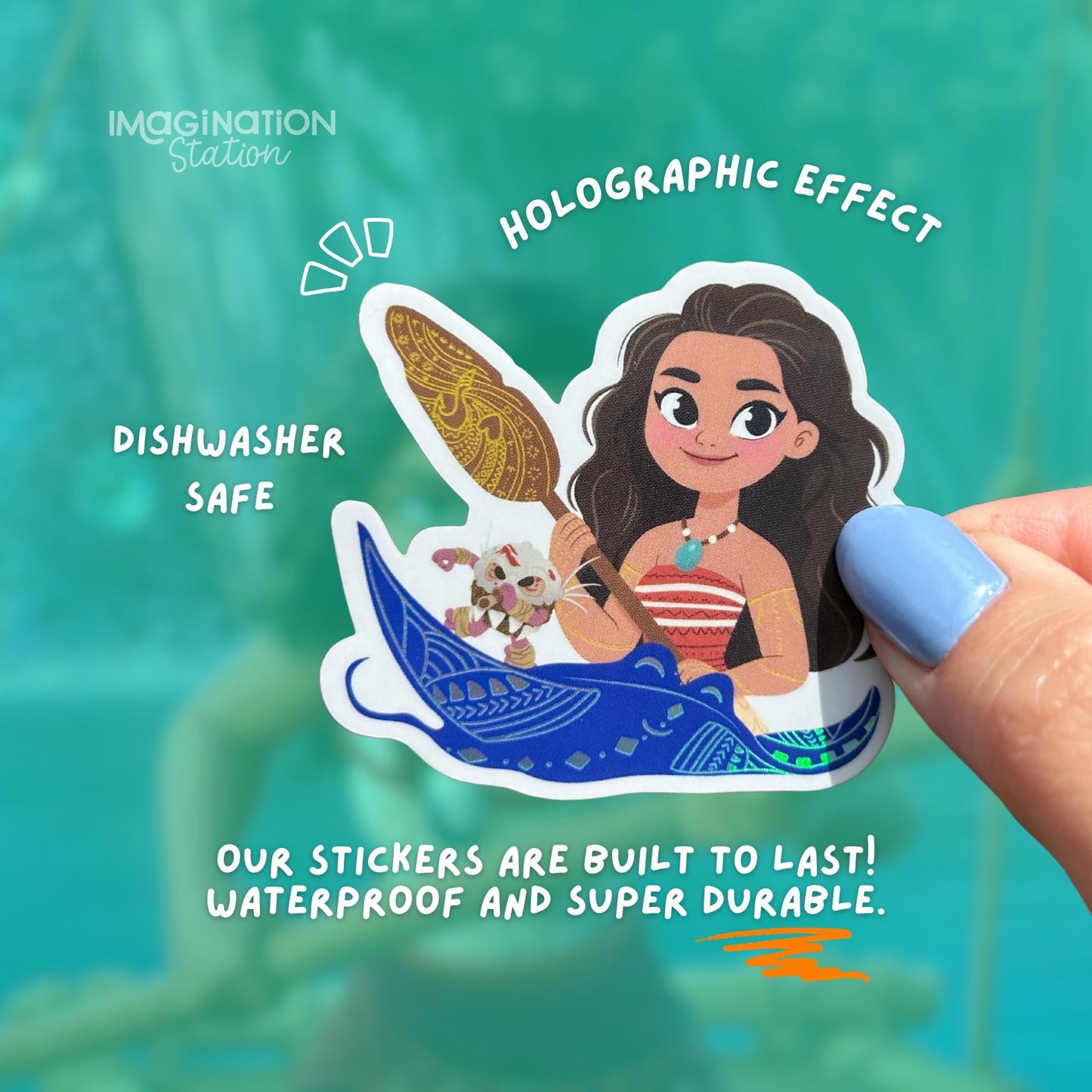 Moana Ocean Adventure holographic sticker held by hand – 2.3 x 2.2 inch waterproof vinyl