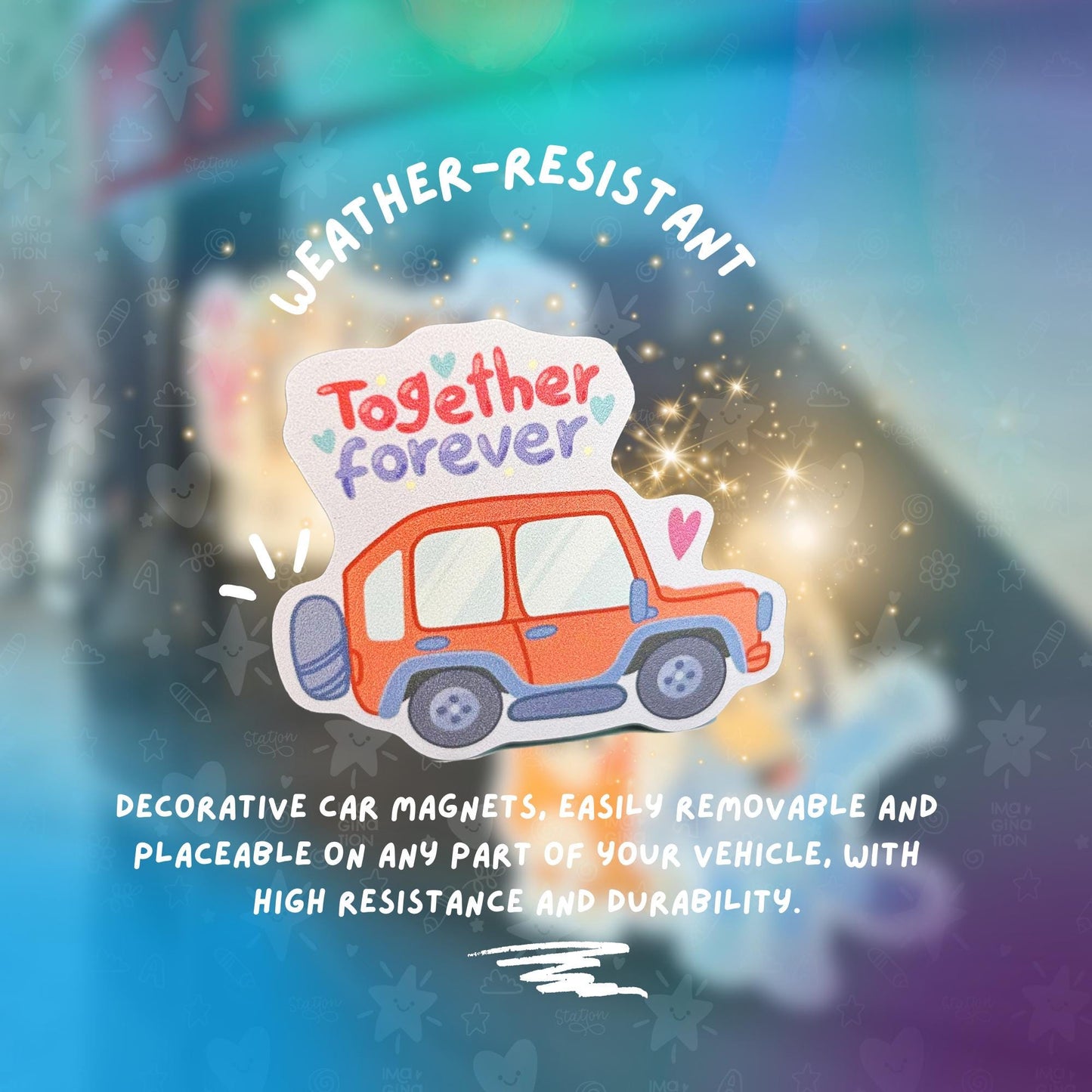 Decorative car magnet with cartoon car and 'Together forever' text on a colorful background
