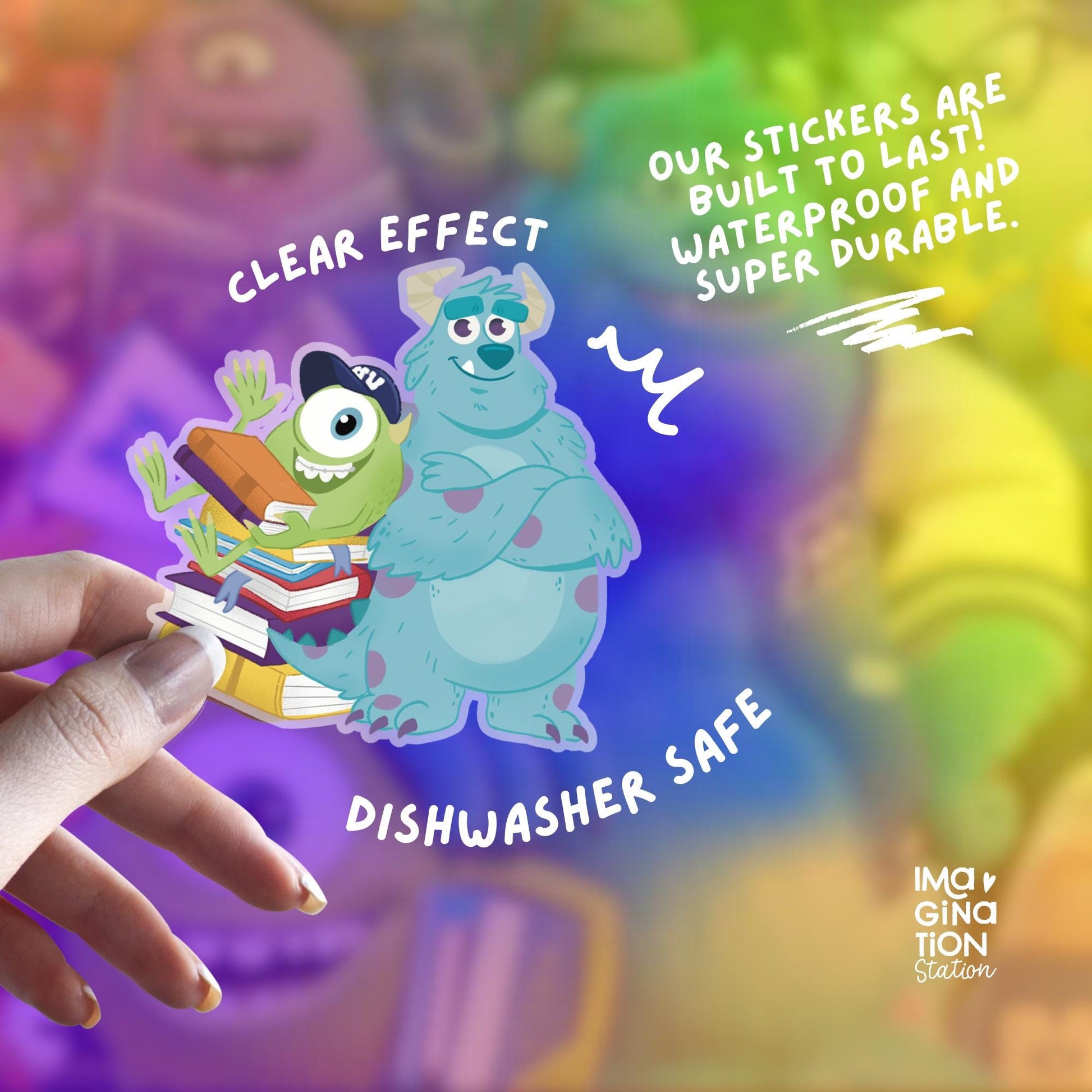 Sticker with cartoon characters held by a hand, with text about sticker durability and safety.