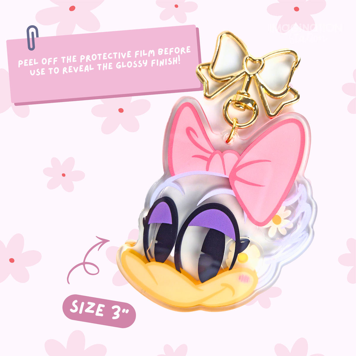Daisy Duck shaker keychain size reference showing clear acrylic dimensions