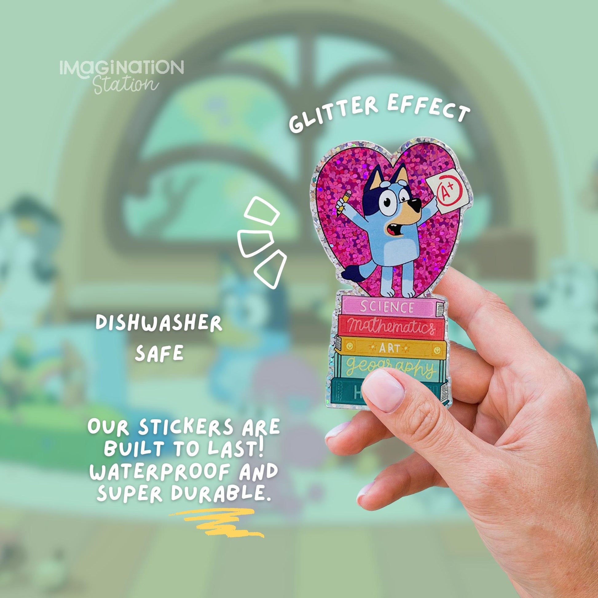 Bluey teacher sticker held by hand – 1.8 x 3 inch glitter glossy waterproof Disney vinyl