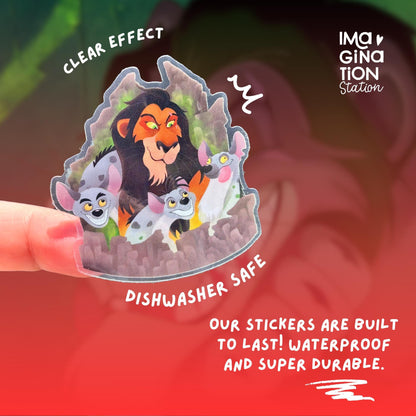 Scar Lion King Disney villain sticker held by hand – transparent glossy waterproof vinyl decal