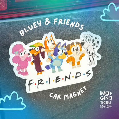 Car magnet featuring Bluey and friends characters with 'Bluey & Friends' text on a reflective surface.