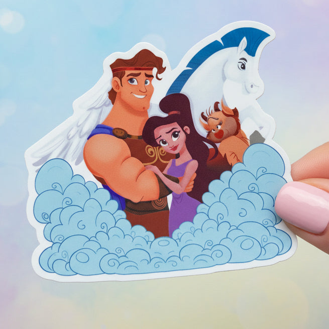 Hercules sticker with characters and a horse on a blue background