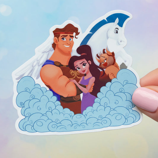 Hercules sticker with characters and a horse on a blue background