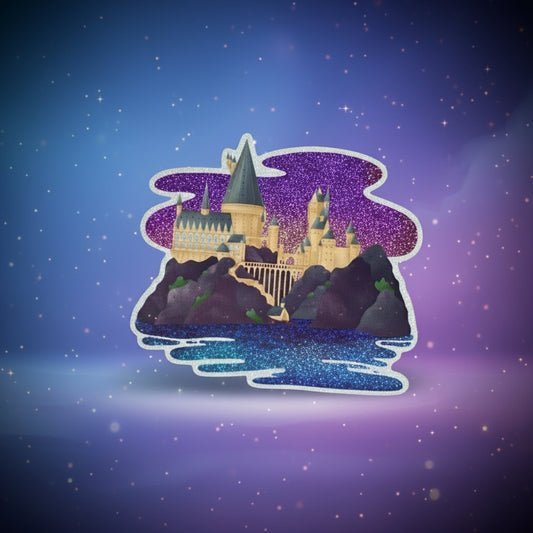Harry Potter sticker of Hogwarts castle with sparkling effects on a purple background, featuring 'Imagination Station' branding.