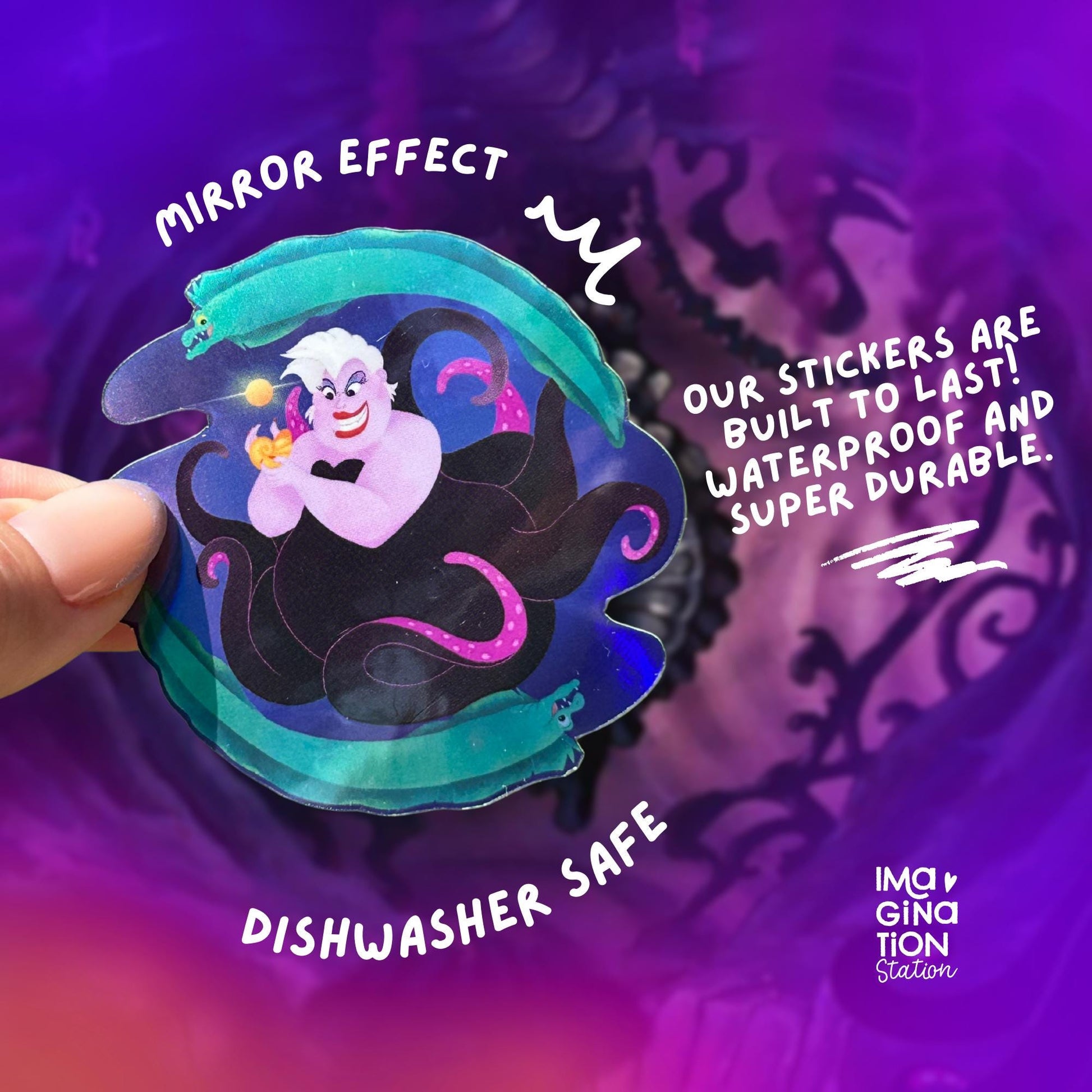 Ursula Little Mermaid holographic sticker on water bottle – 2.5 x 2.4 inch Disney villain vinyl