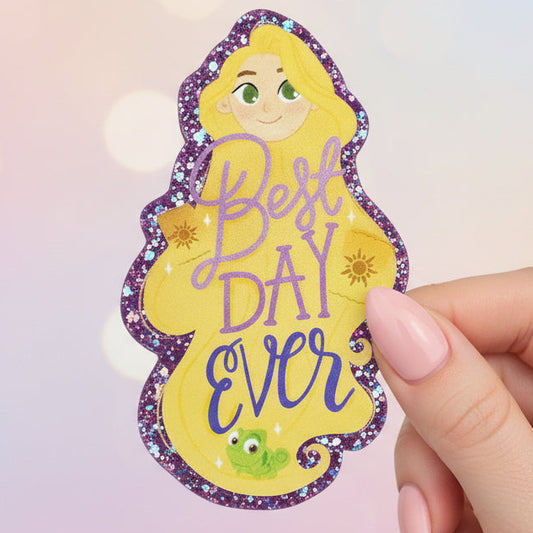 Sticker of Rapunzel from 'Tangled' with 'Best Day Ever' text, featuring Flynn Rider and Pascal in the background.