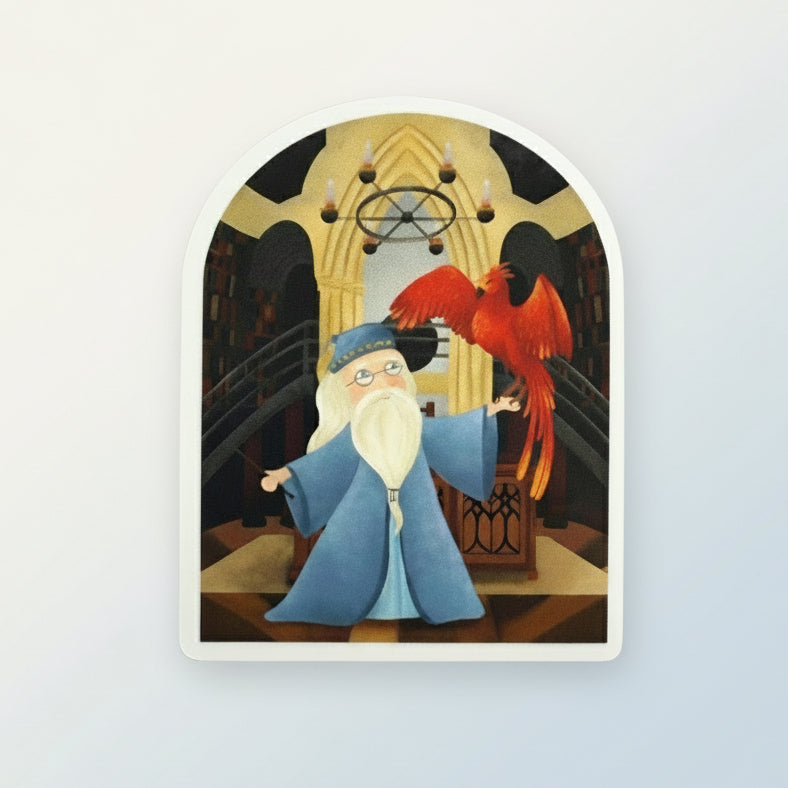 Harry Potter sticker with a wizard and phoenix against a magical background, featuring 'Imagination Station' branding.