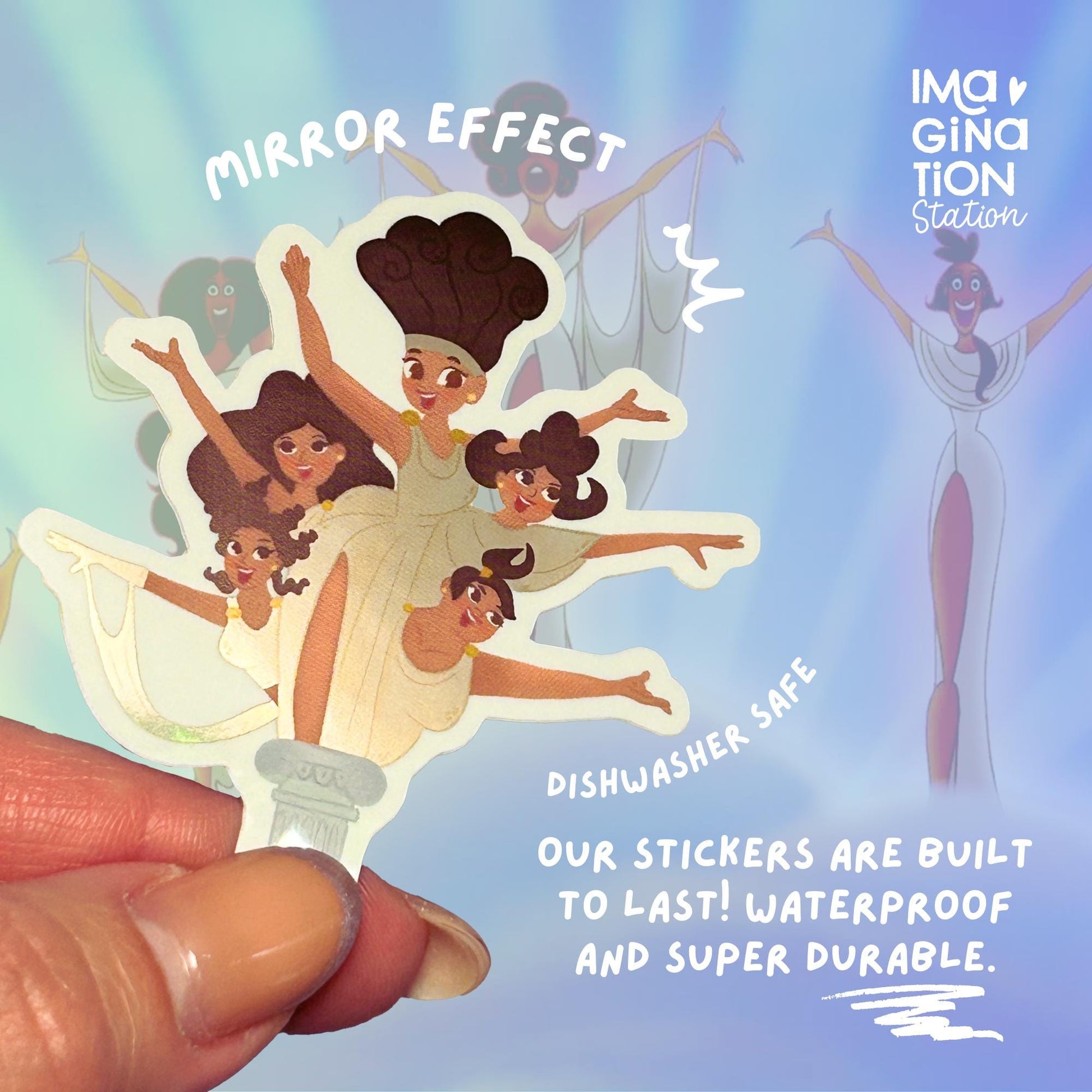 Hercules Muses sticker held by hand – mirror glossy Disney vinyl decal all five goddesses