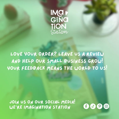 Blurred background with text overlay promoting feedback for Imagination Station.