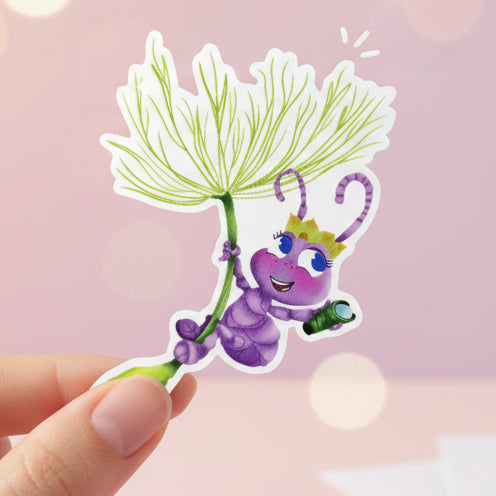 Sticker design of a purple ant with a flower on a green background, featuring 'A bug's life' and 'Imagination Station' text.