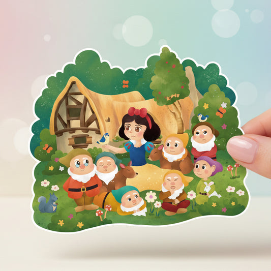 Sticker design of Snow White and the Seven Dwarfs with a green background, featuring the brand 'Imagination Station'.