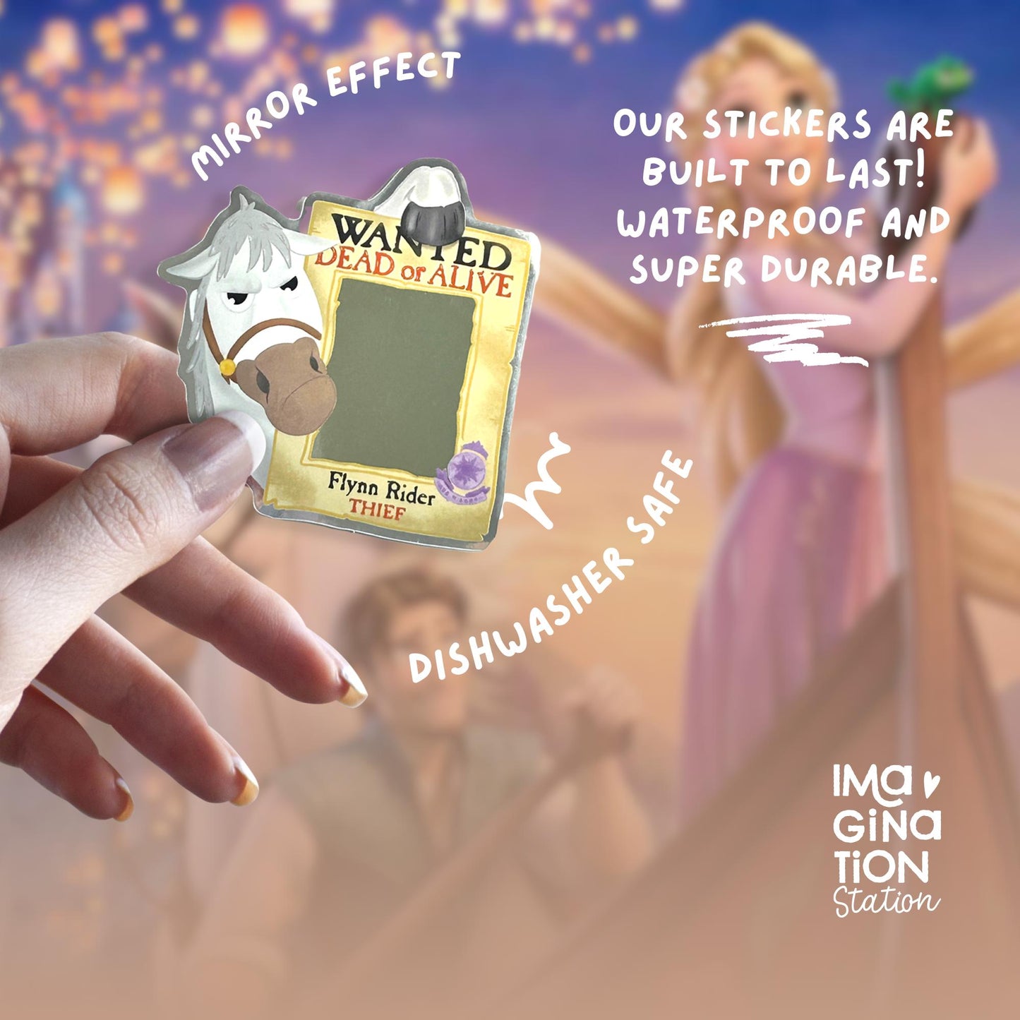 Maximus Tangled Wanted Sign sticker held by hand – mirror glossy waterproof Disney vinyl