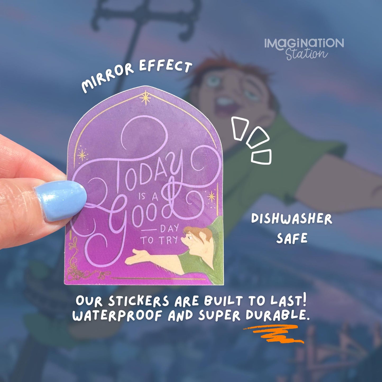 Hunchback Notre Dame God Help Outcasts sticker held by hand – mirror glossy Disney vinyl