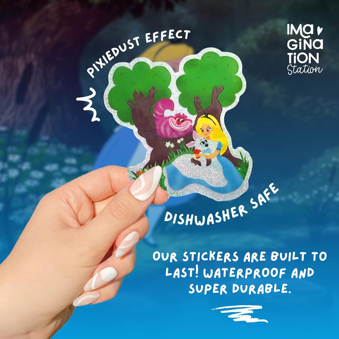 Alice in Wonderland pixie dust sticker held by hand – curiouser glossy waterproof Disney vinyl