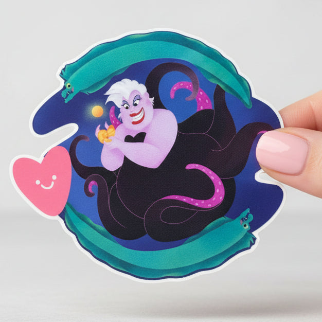 Sticker design of Ursula from Disney with a colorful background, featuring the brand 'Imagination Station'.