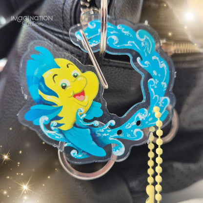 Flounder Little Mermaid carabiner keychain front view – clear acrylic Disney charm clip