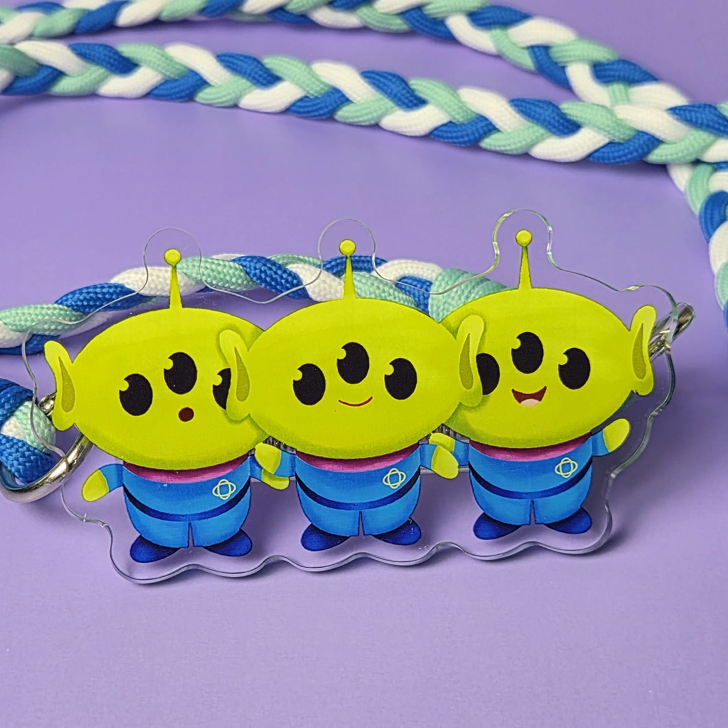 Aliens phone clip close up – three Little Green Men acrylic Disney Pixar charm detail