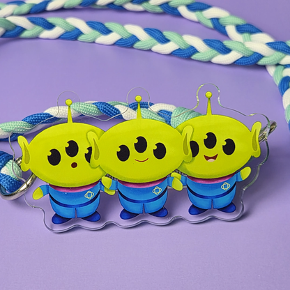 Aliens phone clip close up – three Little Green Men acrylic Disney Pixar charm detail