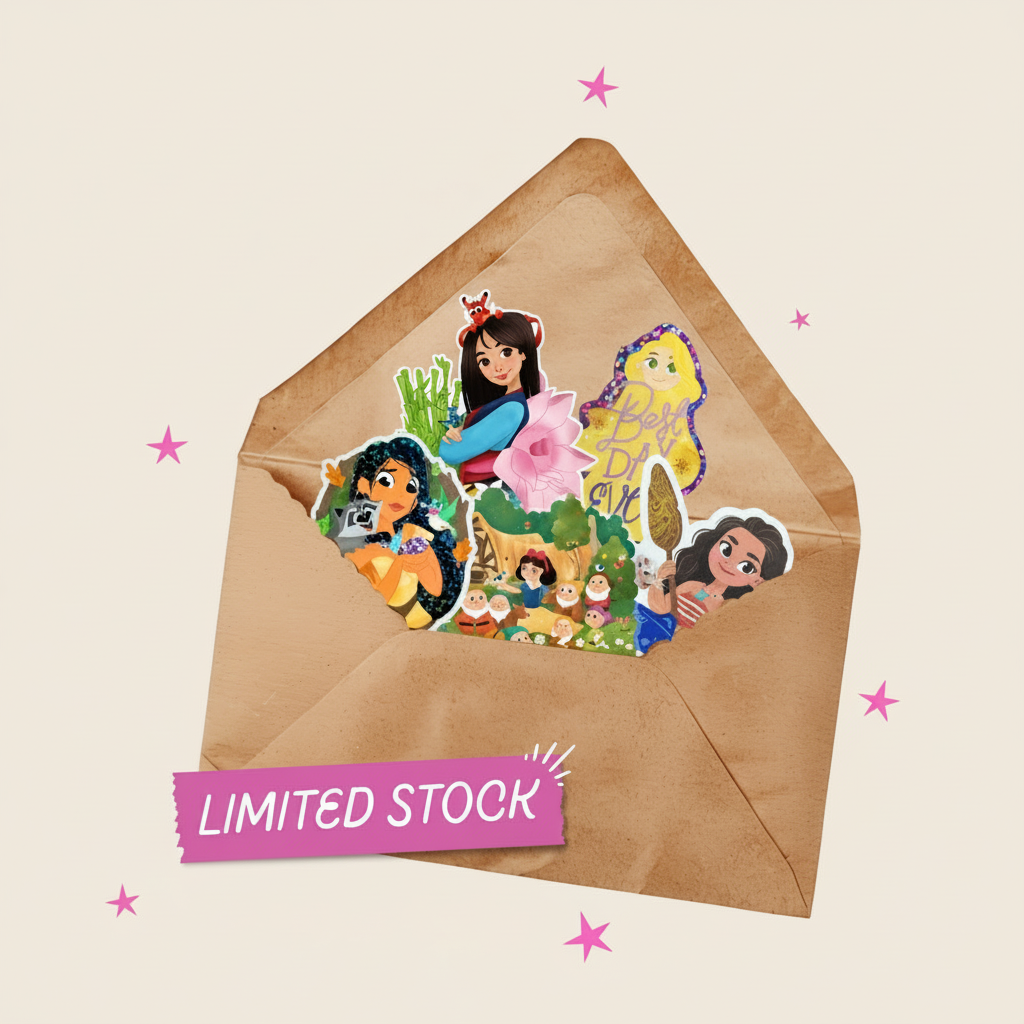Disney Princess stickers in an envelope with a pink background