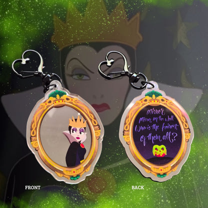Wicked Queen mirror bag charm with black heart carabiner clip attached, front view