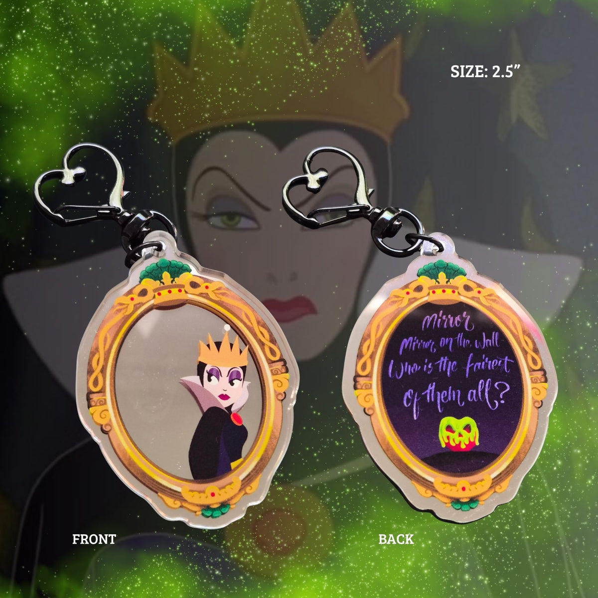 Wicked Queen mirror bag charm size reference showing 2.5 inch acrylic keychain dimensions