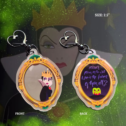 Wicked Queen mirror bag charm size reference showing 2.5 inch acrylic keychain dimensions