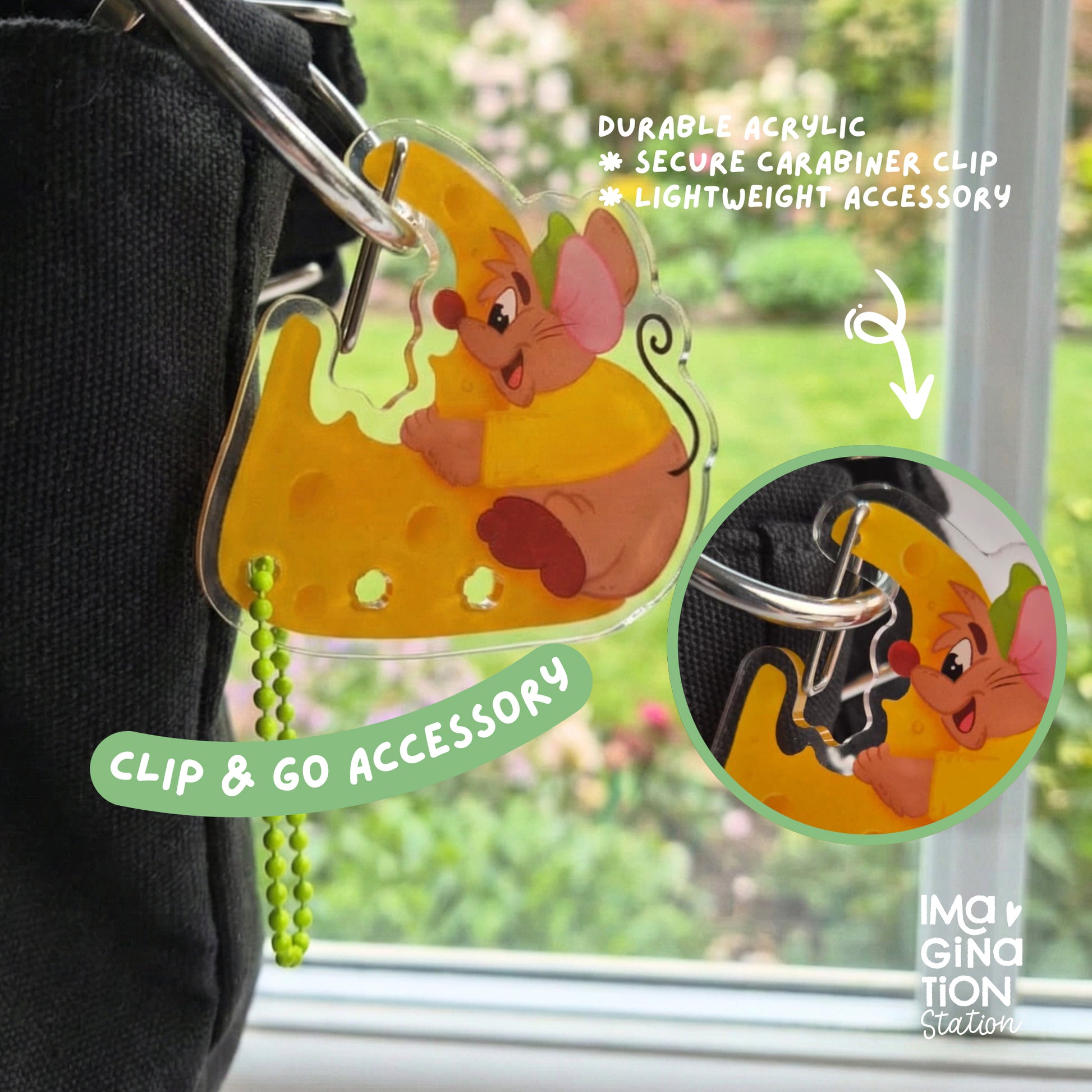 Gus Gus Cinderella keychain clipped to bag – adorable mouse Disney functional charm