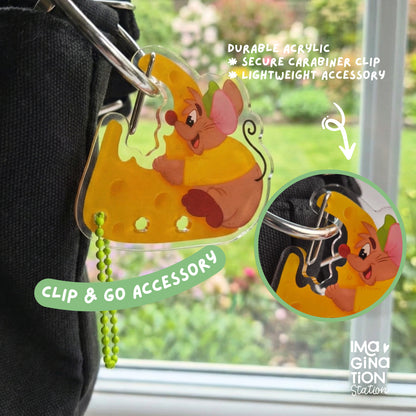 Gus Gus Cinderella keychain clipped to bag – adorable mouse Disney functional charm