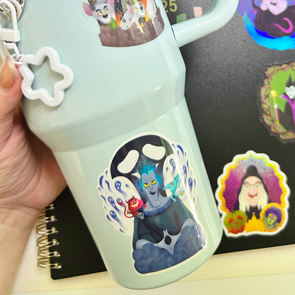 Hades Hercules glitter sticker held by hand – Disney villain blue flames waterproof vinyl