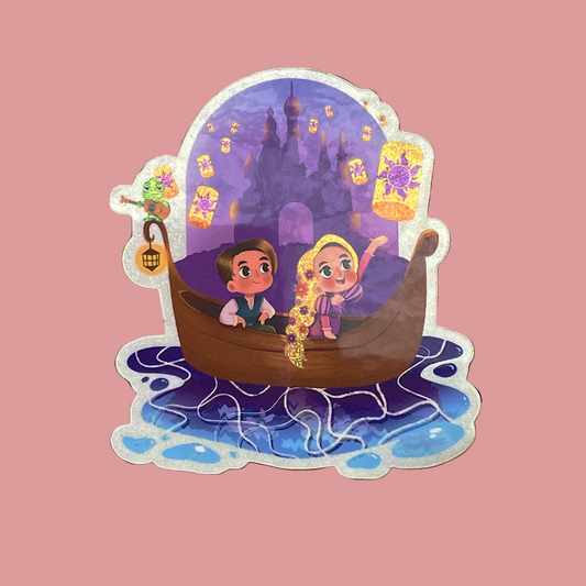 Sticker of Rapunzel and Flynn Rider in a boat with a castle in the background, placed on a bed of leaves.