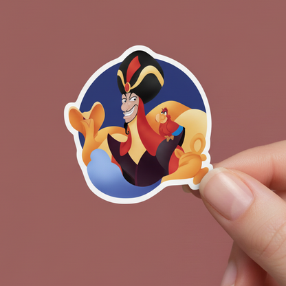 Sticker of Jafar from Disney's 'Aladdin' with colorful background and 'Imagination Station' branding.