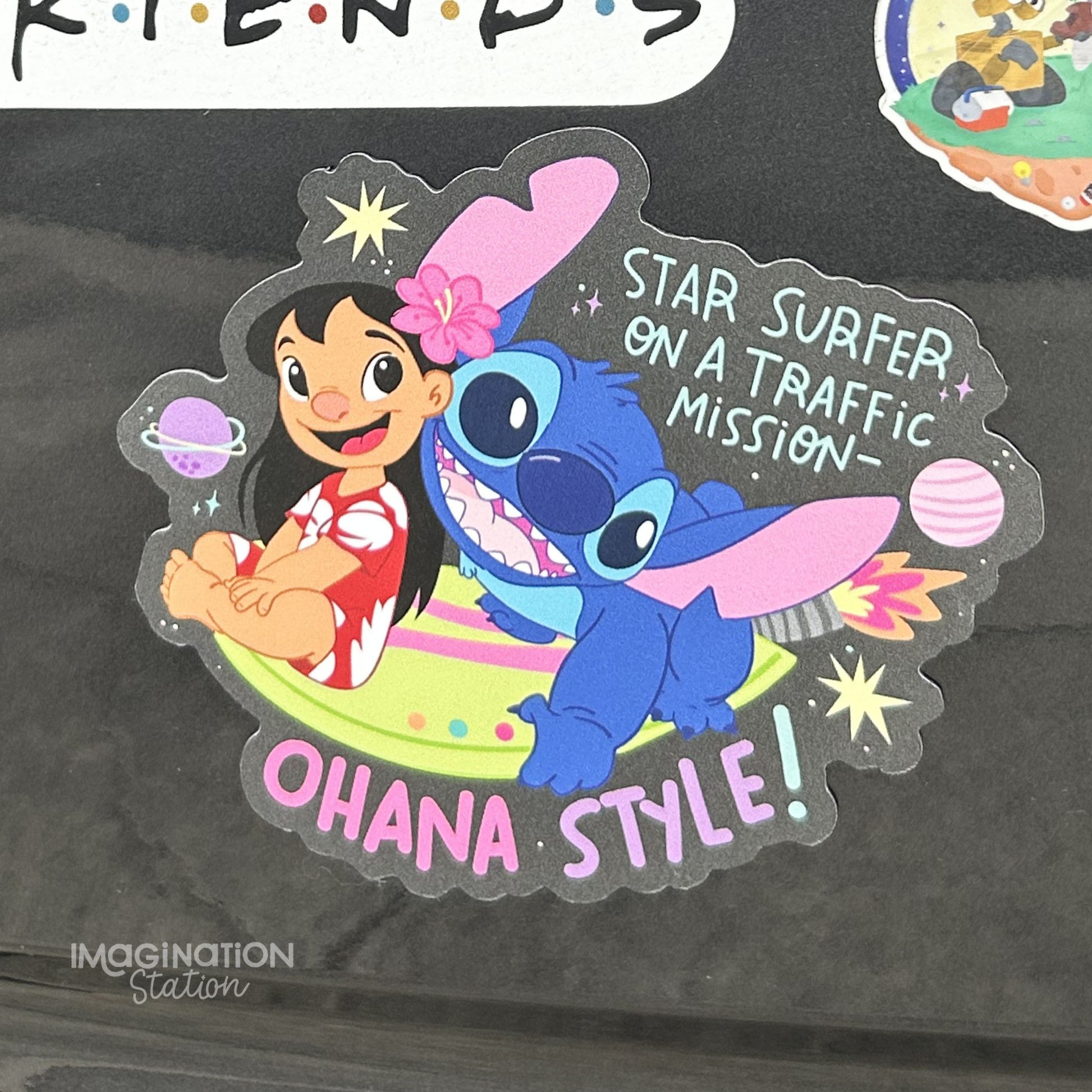 Lilo and Stitch car magnet with text on a car 