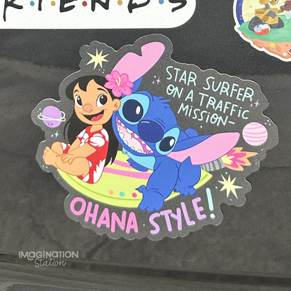 Lilo and Stitch car magnet with text on a car 