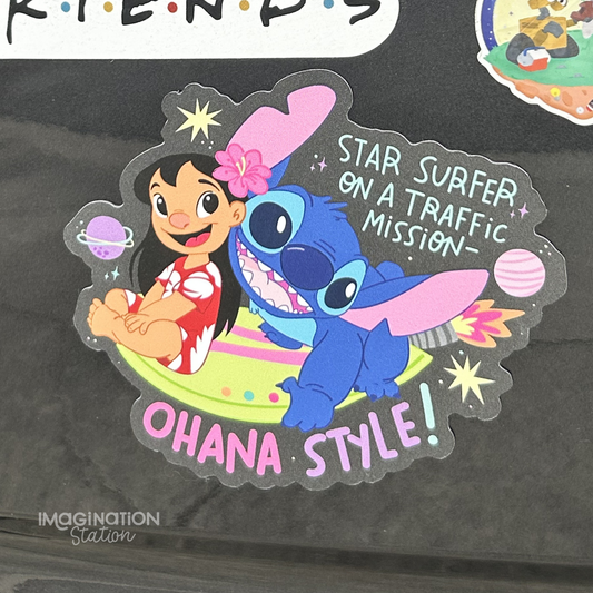 Lilo and Stitch car magnet with text on a car 