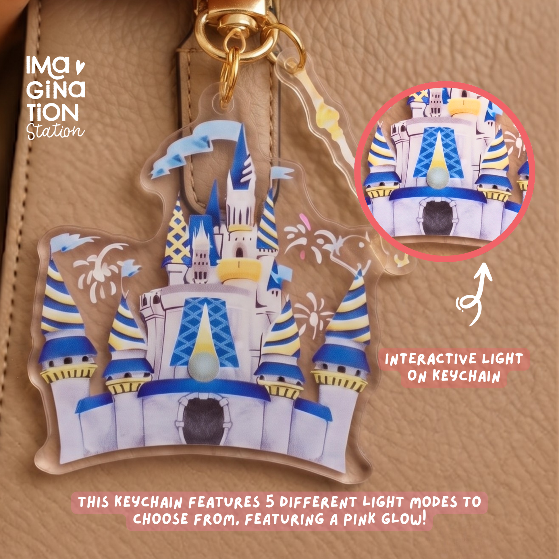 Magic Kingdom Castle keychain glow activated showing pink illuminated fireworks detail
