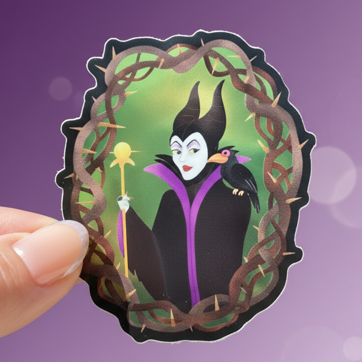 Sticker of a character with a green background held by a hand in front of a blurred green leafy background