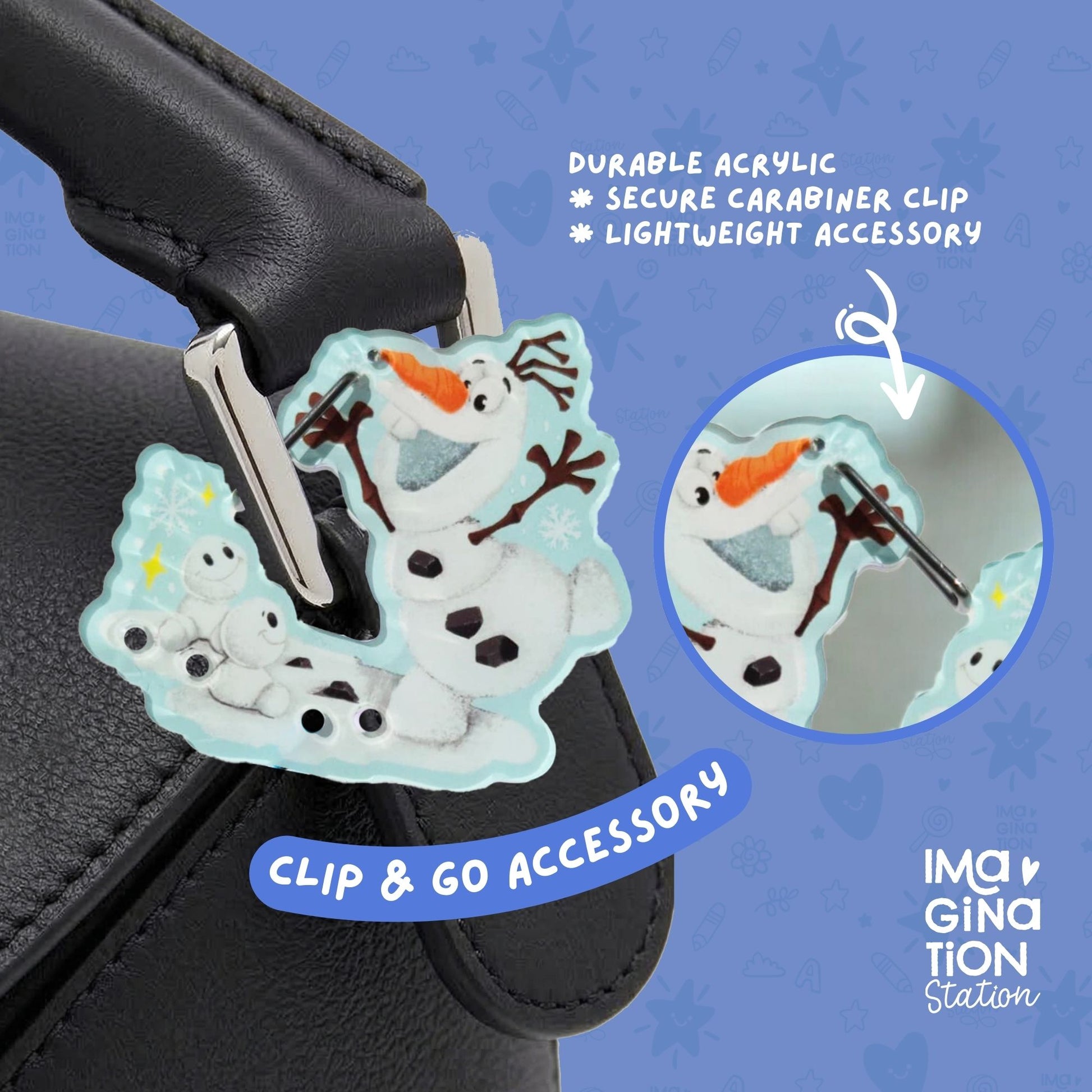 Olaf Frozen keychain clipped to bag – adorable snowman Disney carabiner charm