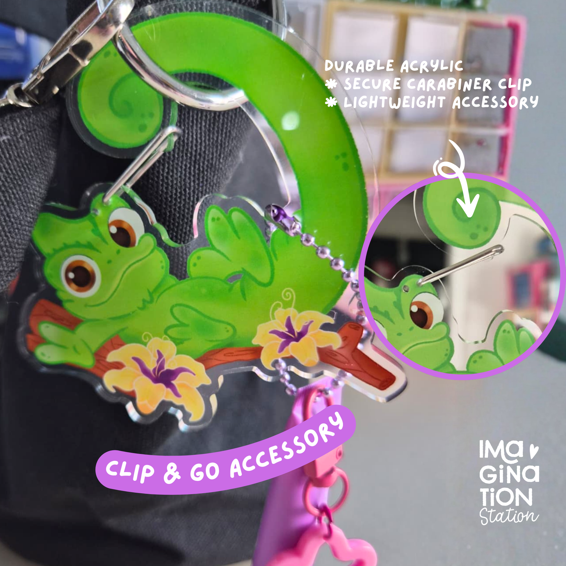 Pascal Tangled keychain clipped to bag – clear acrylic chameleon Disney charm