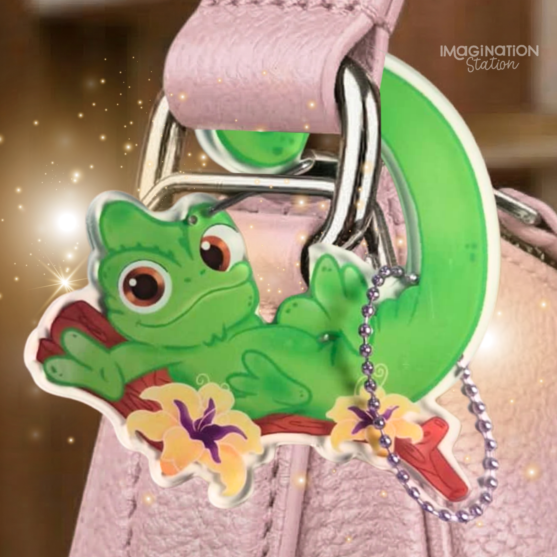 Pascal Tangled carabiner keychain front view – clear glossy acrylic Disney charm clip
