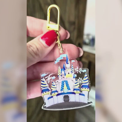 Disney Castle Light-Up Keychain – Pink Glow Acrylic Charm with Fireworks