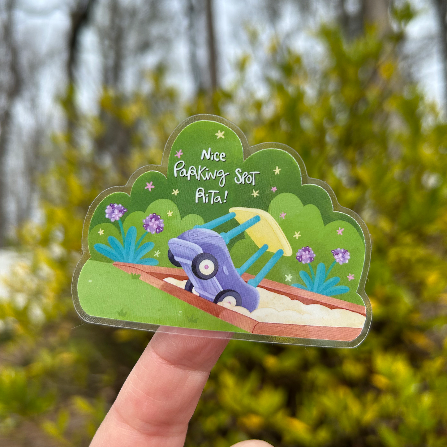 Bluey Nice Parking Spot Rita sticker held by hand – funny transparent glossy Disney vinyl