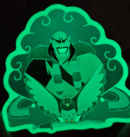 A green illuminated acrylic night light featuring a stylized anime character with wings and a cloud-like outline, glowing against a dark background.